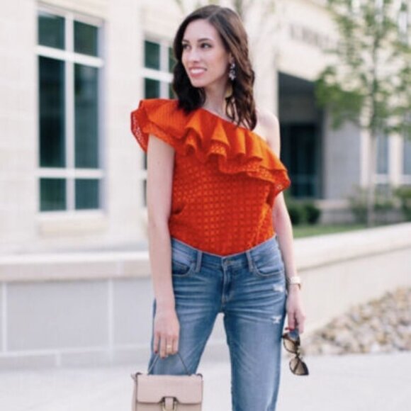 J Crew One Shoulder Eyelet Ruffle Top Size 00 - Picture 1 of 5